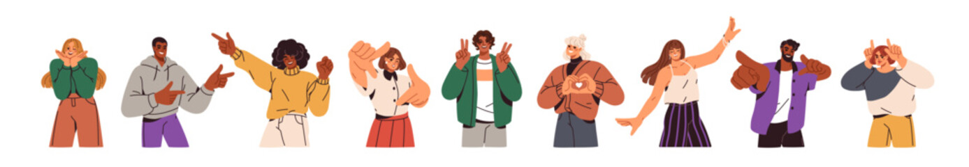 Happy men and women posing for photo portraits. Smiling people in stances, hand gestures, face expressions, playing positive emotions. Flat graphic vector illustrations isolated on white background