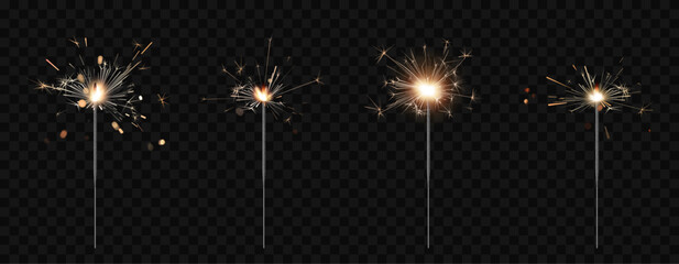 Sparkler candle vector set. Collection of realistic bengal fire for celebrations and holidays isolated on transparent background. Christmas magic lights. - obrazy, fototapety, plakaty