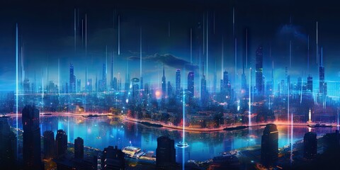 Fototapeta na wymiar Futuristic cityscape. Digital vision of future. Sci fi skyline. Modern architecture in world. Urban fantasy. Futuristic city on planet
