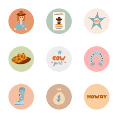 Trendy and cozy round highlights for different social media, blogs, business, branding with Wild West illustrations. Cover icons for stories with cowboy western vector clipart in warm colors.