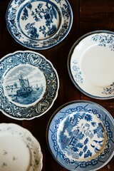 Antique wooden table in a rustic, vintage style, with a variety of blue china plates