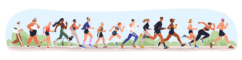 Fototapeta na wymiar Jogging people group. Sport characters, many joggers team training in park together, running. Runners crowd exercising outdoors in nature. Flat vector illustration isolated on white background