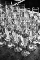 Array of sparkling crystal glasses filled with champagne atop a rustic wooden table, in grayscale