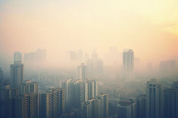 Aerial Perspective of a Smog-Clad Cityscape - obrazy, fototapety, plakaty