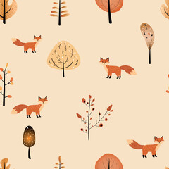 seamless pattern with autumn elements of trees and foxes