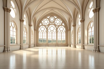 Fototapeta na wymiar A European-style hall with inviting off-white walls and a warm wood floor, featuring numerous large windows that flood the space with radiant sunlight. Photorealistic illustration