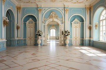 Obraz premium A European-style hall adorned with opulent blue walls and intricate gold decorations, exuding elegance and grandeur. Photorealistic illustration