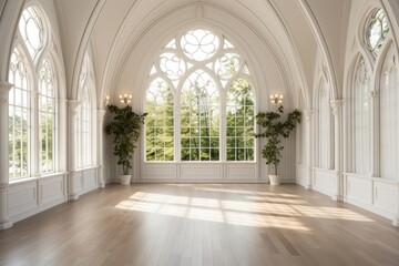 Fototapeta na wymiar A European-style hall with gleaming white walls and decorations, a rich wood floor, and the warmth of sunlight streaming in, creating an inviting and timeless ambiance. Photorealistic illustration
