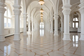Fototapeta premium A European-style hallway featuring pristine white columns, walls, and decorations, evoking a sense of classical elegance and purity. Photorealistic illustration