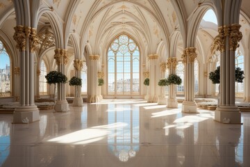 A pristine European-style hall with an all-white interior, adorned with elegant gold decorations and featuring lush green plants adorning the columns. Photorealistic illustration