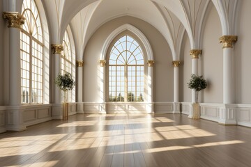Fototapeta na wymiar In the European-style small hall, the off-white interior is accentuated by white columns adorned with gold decorations, creating a sophisticated ambiance. Photorealistic illustration