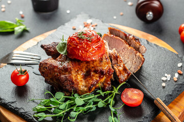 Grilled Beef Steak with tomatoes. organic healthy products. Detox and clean diet concept. place for text, top view