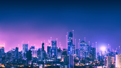 Smart Network and Connection city of Bangkok Thailand at night technology concept - 661369677