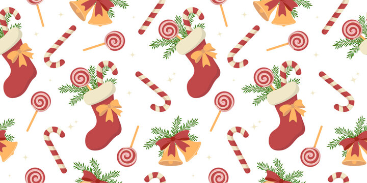 Seamless pattern with festive elements. Christmas stocking with gifts, bells, candy canes on white background.