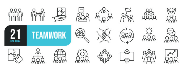 Set of line icons related to teamwork, management, collaboration, group, friendship. Outline icons collection. Editable stroke. Vector illustration. - obrazy, fototapety, plakaty