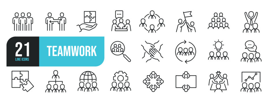 Set of line icons related to teamwork, management, collaboration, group, friendship. Outline icons collection. Editable stroke. Vector illustration.