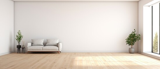 The white decorated interior of an empty studio apartment With copyspace for text