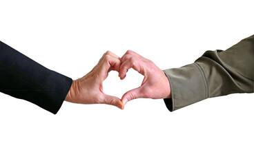 Hands of two people wearing in jacket and shird make the heart shape isolated on white background, sign and symbol, concept