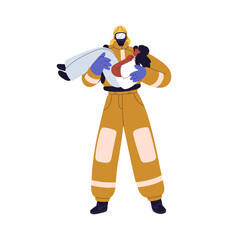 Firefighter hero rescuing girl victim from fire. Fireman carrying, holding person in hands. Emergency worker standing with civilian in arms. Flat vector illustration isolated on white background