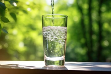 Pouring water into a glass against the nature background
