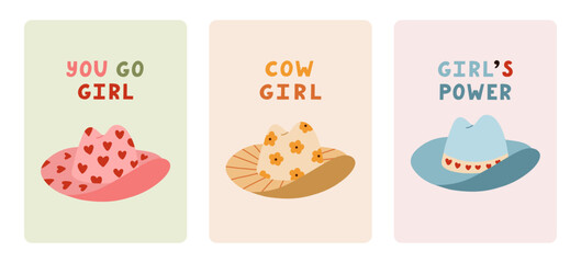 Set of cute greeting cards about girl power, feminism, cowgirl. Poster with hand drawn illustration in wild west and cowboy theme. Postcard template with motivational lettering about women.