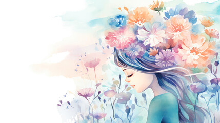 Woman profile head silhouette blooming flowers. Rebirth, emotional healing, psychological therapy, mental health. Pastel watercolor. - obrazy, fototapety, plakaty