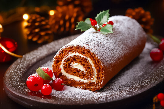 Christmas desserts Swiss roll decorated on table, gourmet party background.