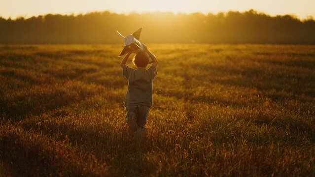 Future Astronaut Playing With Handmade Rocket In Meadow In Summer, Little Boy Dreaming Of Space