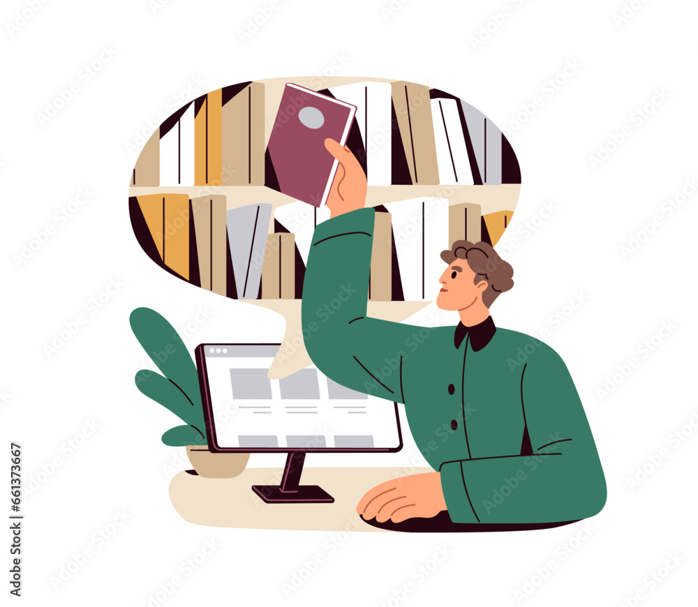 Poster online digital library with electronic books, ebooks. man at computer, reading e-book from web books