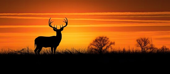 Texas farmland sunset silhouette of whitetail deer buck With copyspace for text