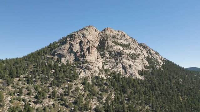 Drone footage of the summit of Mount Olympus on a sunny day in Estes Park, northern Colorado, USA