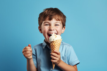 Cheerful happy kid eating ice cream in waffle cone isolated on blue background with copy space. Generative AI.