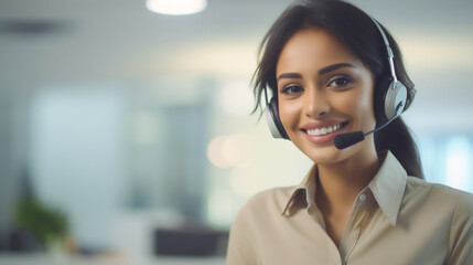 Call Center, young woman smiling, with CRM and headset with mic. Customer service.Ai generative.
