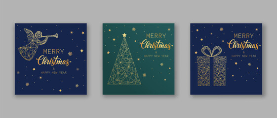 Fototapeta na wymiar Happy New Year and Merry Christmas. Set of greeting cards, posters. Modern design in blue-green colors. Christmas tree, angel and gift box. Winter vector illustration.