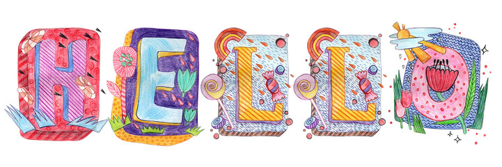 Graphic illustration of the word hello on a white isolated background from cute stylized colored letters with a texture of stripes, flowers, clouds and hearts