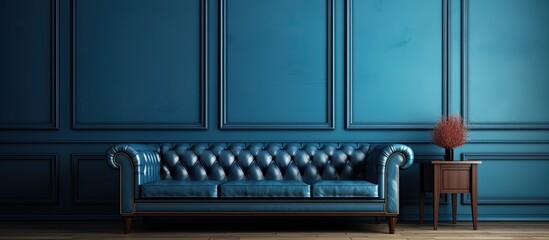 Traditional blue lounge with wooden accents and navy couch With copyspace for text