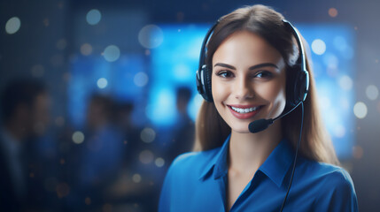 Call Center, young woman smiling, with CRM and headset with mic. Customer service.Ai generative.