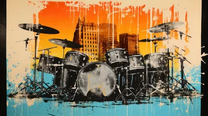 Fotobehang abstract grunge music background with drum set and musical instruments. Ai generative   © mariof