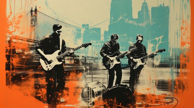 Guitar band in New York. Grunge illustration. Ai generative


