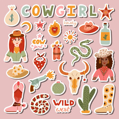 Big set of stickers with cowgirl illustrations for planners, notebooks. Ready for print list of cute stickers. Hand drawn simple vector doodles with symbols of Texas, Wild West, cowboy and cow girl.