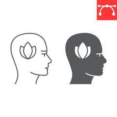 Stress reduction line and glyph icon, meditation and mindfulness, man head with lotus vector icon, vector graphics, editable stroke outline sign, eps 10.