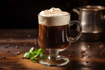 A steaming mug of Irish coffee, topped with a layer of thick cream, sits invitingly on a rustic wooden table against the backdrop of a cozy, dimly lit pub