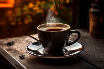 Fototapeta premium An inviting cup of black coffee on a rustic wooden table, with a backdrop of a cozy cafe scene, creating an atmosphere of warmth and relaxation