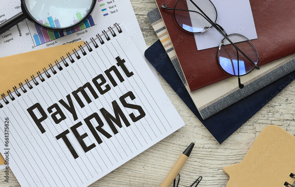 Aufkleber payment terms open notepad on an envelope. financial charts