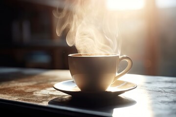 Morning bliss. Enjoying hot cup of espresso. Aromatic awakening. Fresh steamy coffee on wooden table. Art of brewing. Savoring day. Vintage saucer