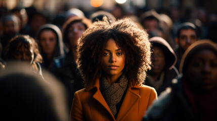 Strong Afro American confident business woman standing in front of crowd of people on a busy street