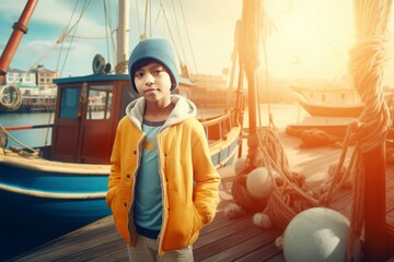 Chinese boy in sea port. Little male tourist with fishing boats. Generate ai