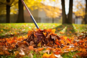 Rake pile of leaves in the park