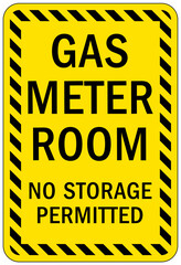 Gas shut off sign and labels gas meter room no storage permitted