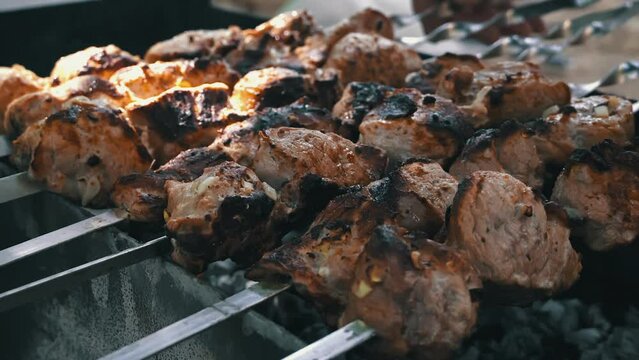 Kebab is fried on skewers in the grill. Juicy beautiful meat is cooked on an open fire. Picnic in nature with barbecue. The smoke comes from cooking meat on the coals.
